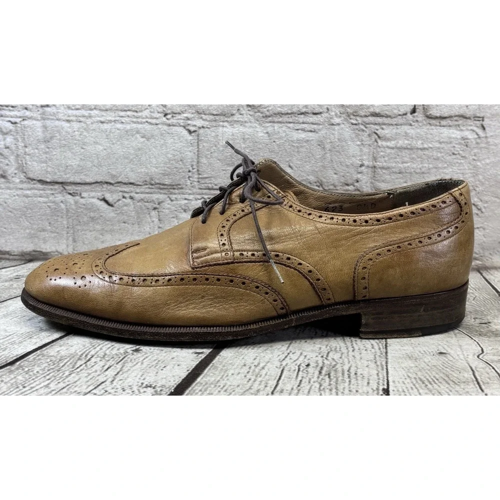 Salvatore Ferragamo Men's Tan Leather Wingtip Oxford Brogue‎ Shoes 8.5D Italy